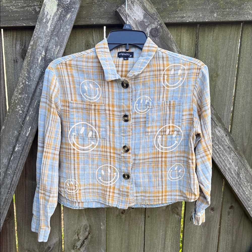 Originality Girls Plaid Button-Up Shirt with Smiley Faces Size Large